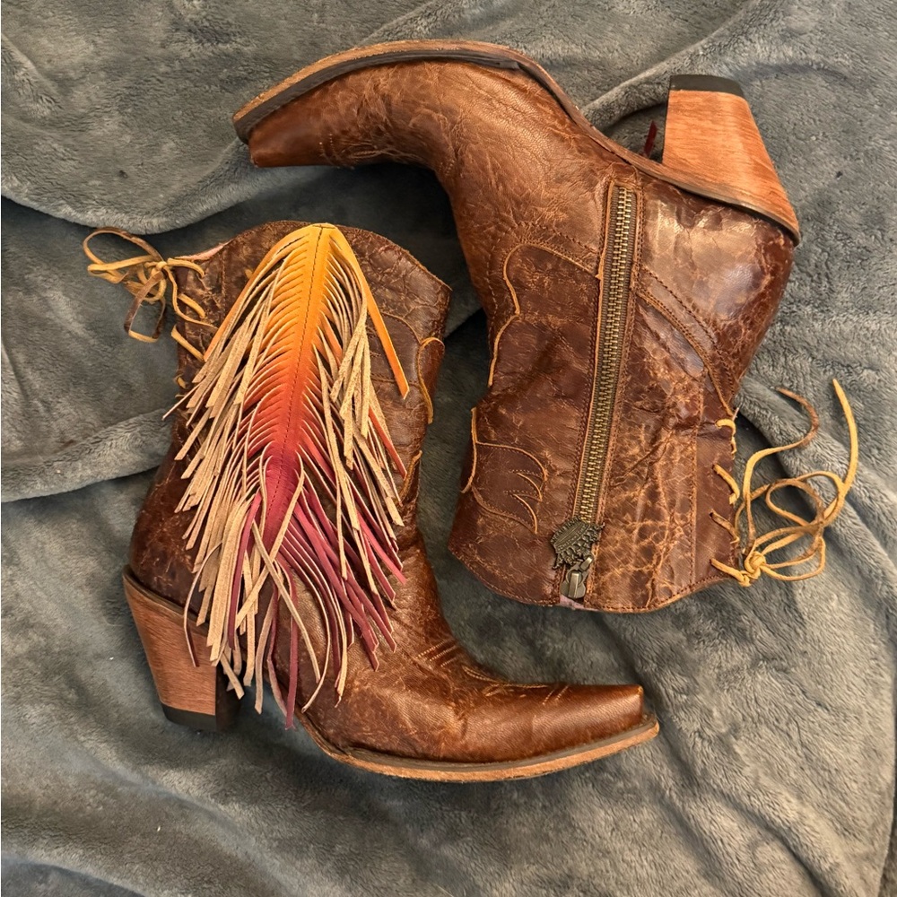 Rustic Brown Ankle Boots with Colorful Fringe
